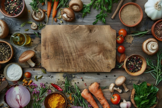 Wooden board with vegetables and spices